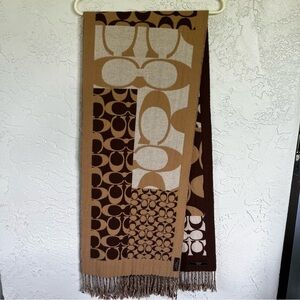 Coach Womens Scarf Merino Wool Cashmere Blend Logo Print Tan Brown Vintage 14x70
